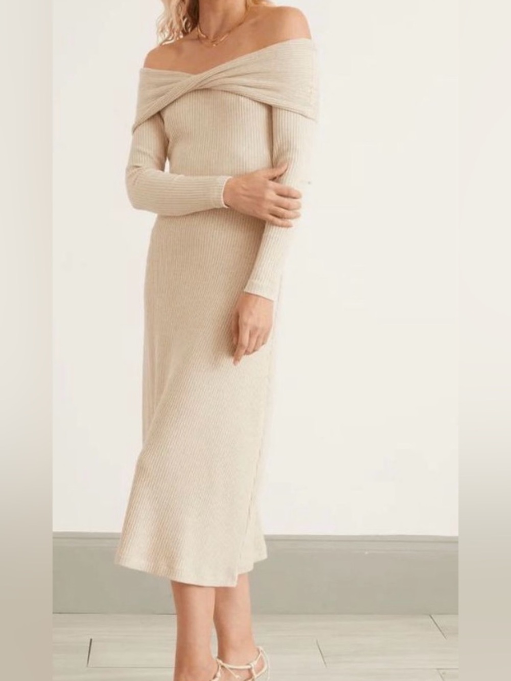 Mara Hoffman Emery Ribbed Knit Off Shoulder Midi Dress Cream